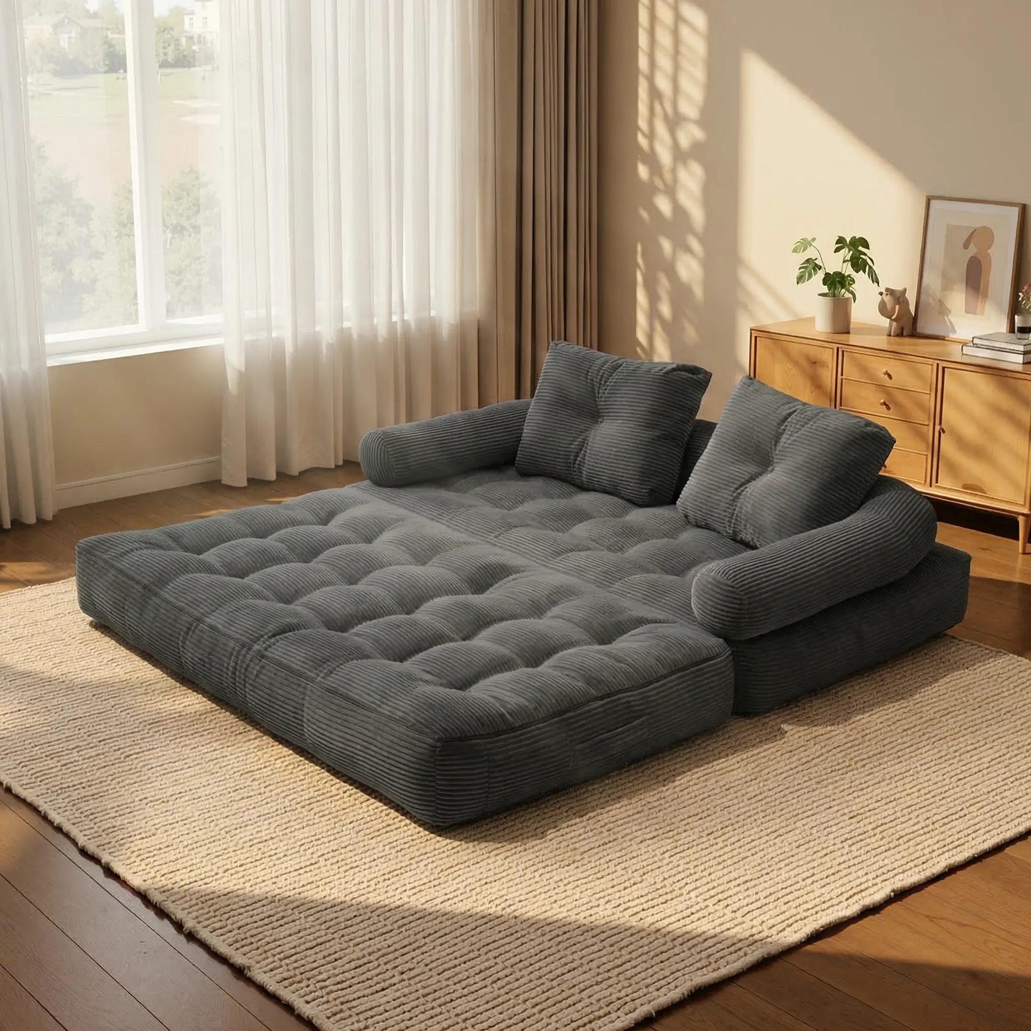 Modern Upholstered Foldable Sofa Bed - Pre-Assembled Corduroy Dual-Use Indoor Furniture, Adjustable Backrest, Deep-Sit Compression Design, Pillowtop Mattress, Compact Loungers, Fold for Guests Hidden Bed Couch, Folding