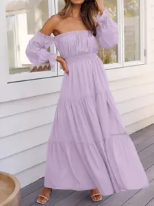 Women's Boho Off-Shoulder Long Sleeve Smocked High-Waist Side-Split Flowy A-Line Tiered Maxi Dress, Elegant, Chic & Stylish Design