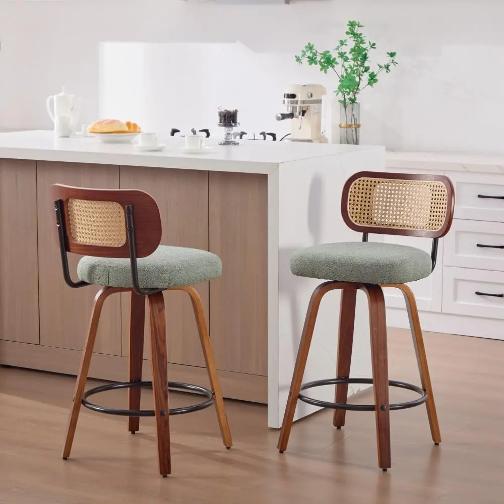 Set of 2 26-Inch Counter Height Bar Stools with Swivel Design, Walnut Black Finish, Cane Rattan Back & Light Green Linen Upholstered Seat for Kitchen Island, Bar or Counter