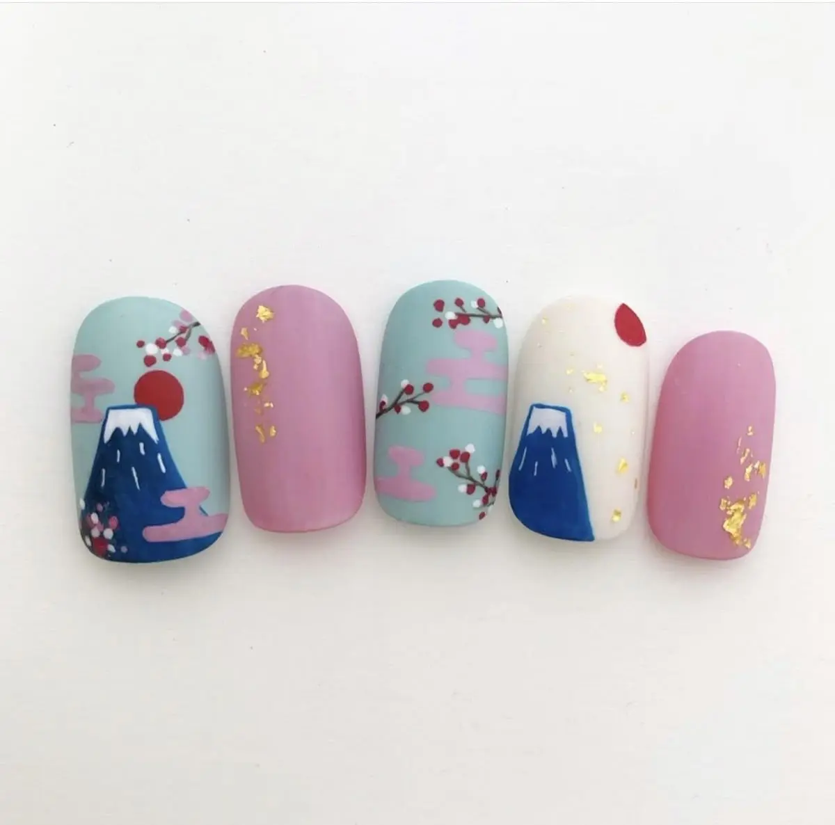 Handmade Japanese Press On Nails, Mount Fuji Cherry Blossom Nail Art, Pastel Blue Pink Gold Foil Almond False Nails, Kawaii Asian Inspired Nail Set | Gift Set (Adhesive Tabs, Nail File, Cuticle Stick)