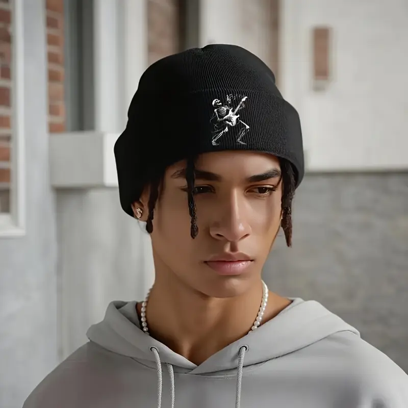 Unisex 100% Acrylic Fitted Knitted Winter Beanie - Elastic Cuff, Breathable, Soft Warm Black Hat with Graphic White Music Note & Guitar Pick Logo, Casual Musician Gift, Cold-Proof Sports Outdoor Accessory, Elasticity, Everyday, Free Size, Casual Wear, Out