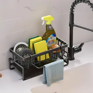 Stainless Steel Sink Organizer Rack with Sponge Draining Shelf and Cloth Holder, Kitchen Counter Storage for Sponges, Dish Soap, Cloths, Brushes, Dish Drying Organiser