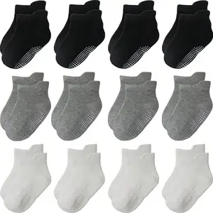 12 Pairs Toddler Socks with Non-Slip Grips, Baby Crew Socks for Boys & Girls, Soft Cotton Sports & Everyday Socks with Cute Patterns