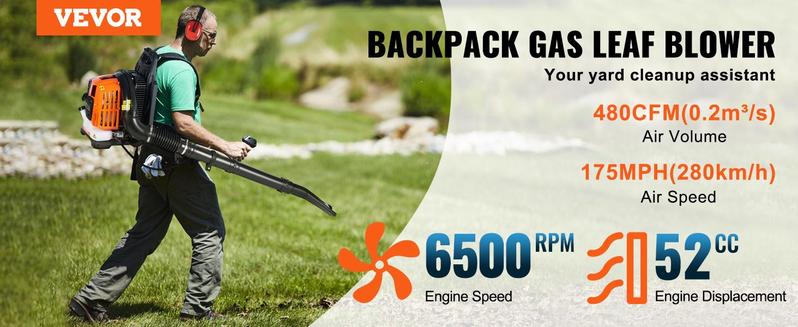 VEVOR Backpack Leaf Blower, TikTokShopBlackFriday, 52CC 2-Cycle Leaf Blower with 1.37L Fuel Tank, 480CFM Air Volume 175MPH Speed, Ideal for Lawn Care, Leaf Cleaning, and Snow Removal