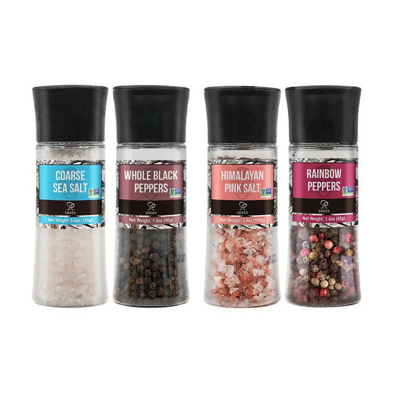 Soeos Spice Seasoning Set of 4, 9.8oz(277.82g), With Integrated Grinders, Salt and Pepper Grinder Set, Pure and Fresh Perfect for BBQ Seasoning Gift Set, Grilling Spice, Herb, Spice & Seasoning Gifts Flavor Bottle Kitchen