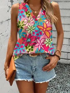 A ladies' floral-print short V-neck sleeveless Fitted top with an elegant, versatile and Boho style, perfect for a beach vacation, Bohemian