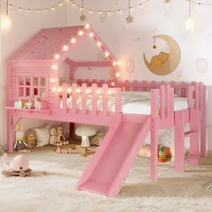 House Loft Bed with Slide,Playhouse Bed with Star Moon-shaped Designs and Window, Chic Design with LED Lights,No Box Spring Needed