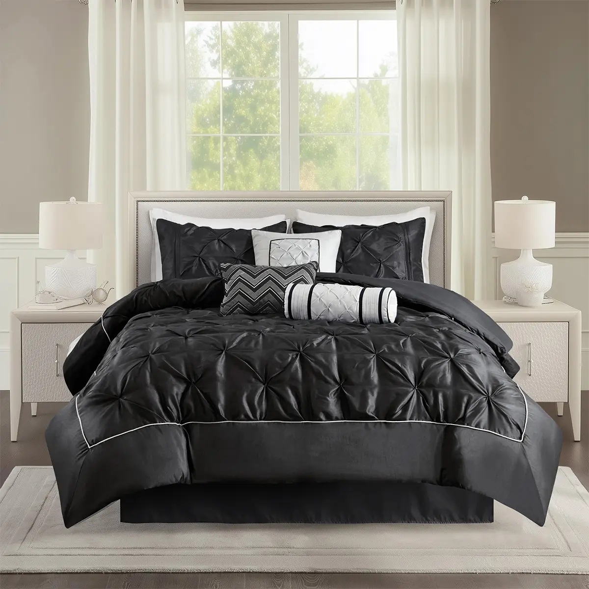 7 Piece Tufted Comforter Set With Pillows, Bed Skirt, Shams
