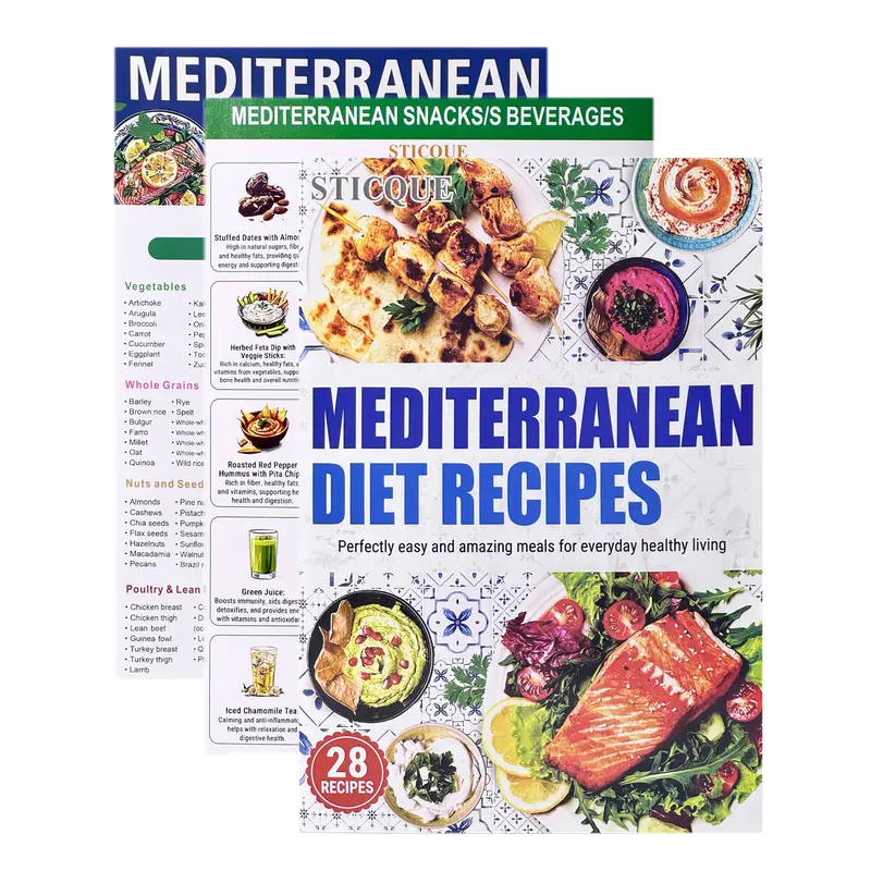 3 Count Mediterranean Diet Food List -Mediterranean Ingredient Meal Plan Sticque, Foods To Limit, Lunch, Break fast Recipes for Easy Chart Brochure Cookbook Healthy Living