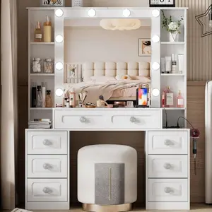 Vanity Desk with with Mirror and Lights,Makeup Vanity Table wwith Lighted Mirror & Charging Station, Vanity Desk Dresser