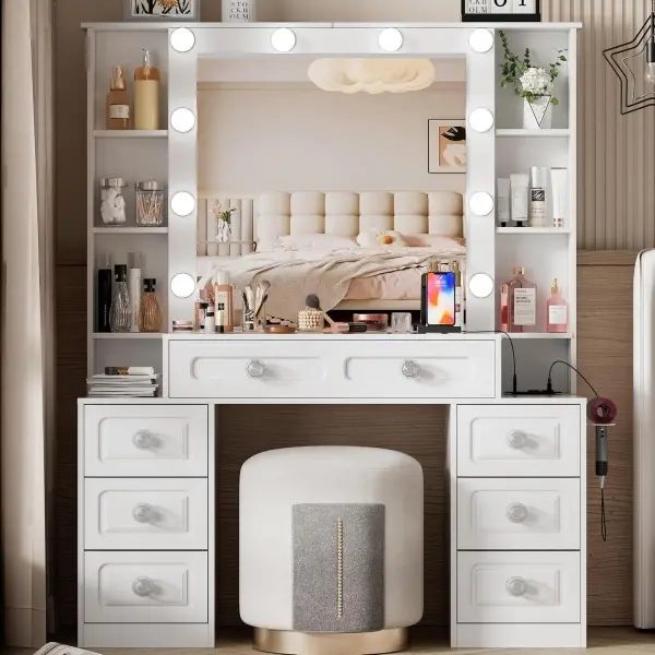 Vanity Desk with with Mirror and Lights,Makeup Vanity Table wwith Lighted Mirror & Charging Station, Vanity Desk Dresser
