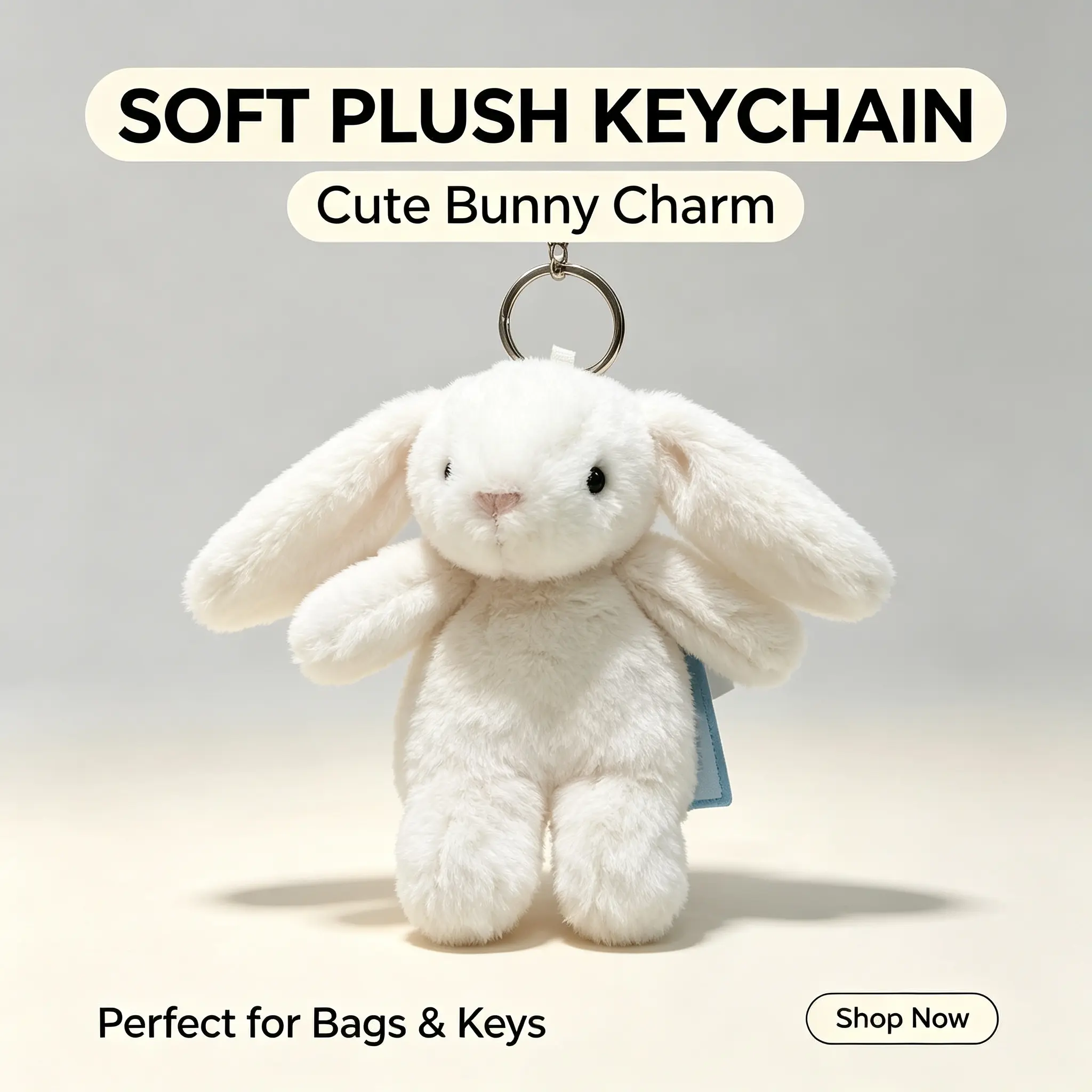 Minimalist Soft Plush White Bunny Keychain - Floppy Ear Stuffed Animal Bag Charm, Backpack Accessory, Keychains for Women, Aesthetic Gift Idea for Teens Ages 12+ cute girly