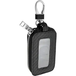 Premium Car Key Fob Case, Car Key Holder, Leather Auto Keychain Protection Bag, Zipper Keychain Fob Bag for Men Women (Black)