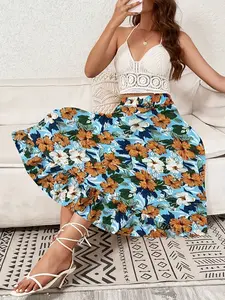 Women's Floral Print Ruffle Hem Elastic Waist Midi Skirt, Summer Clothes Women, Floral Printed Skirt, Boho Bohemian Romantic A Line Skirt for Daily Holiday Vacation Wear, Ladies Bottoms for Spring Fall
