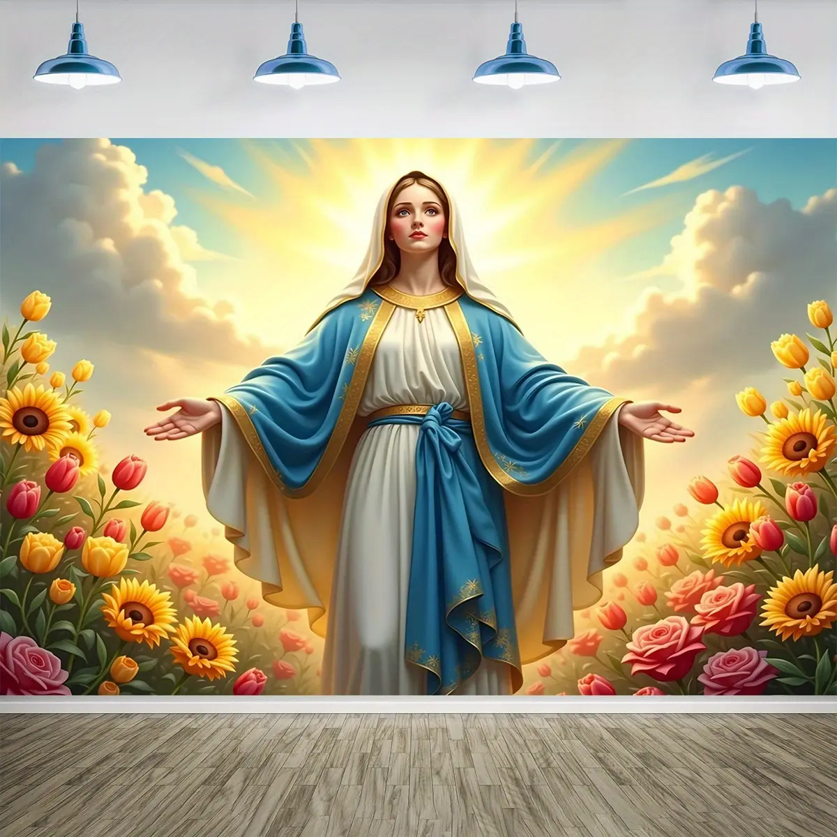 1pc DRIHANCO 2D Hanging Fabric Backdrop - Printed Virgin Mary & Jesus Christ, Rose Flowers, Golden Festive Lights, Modern Christian Indoor Wall Decoration for Photo Booths, Party, Religious Services