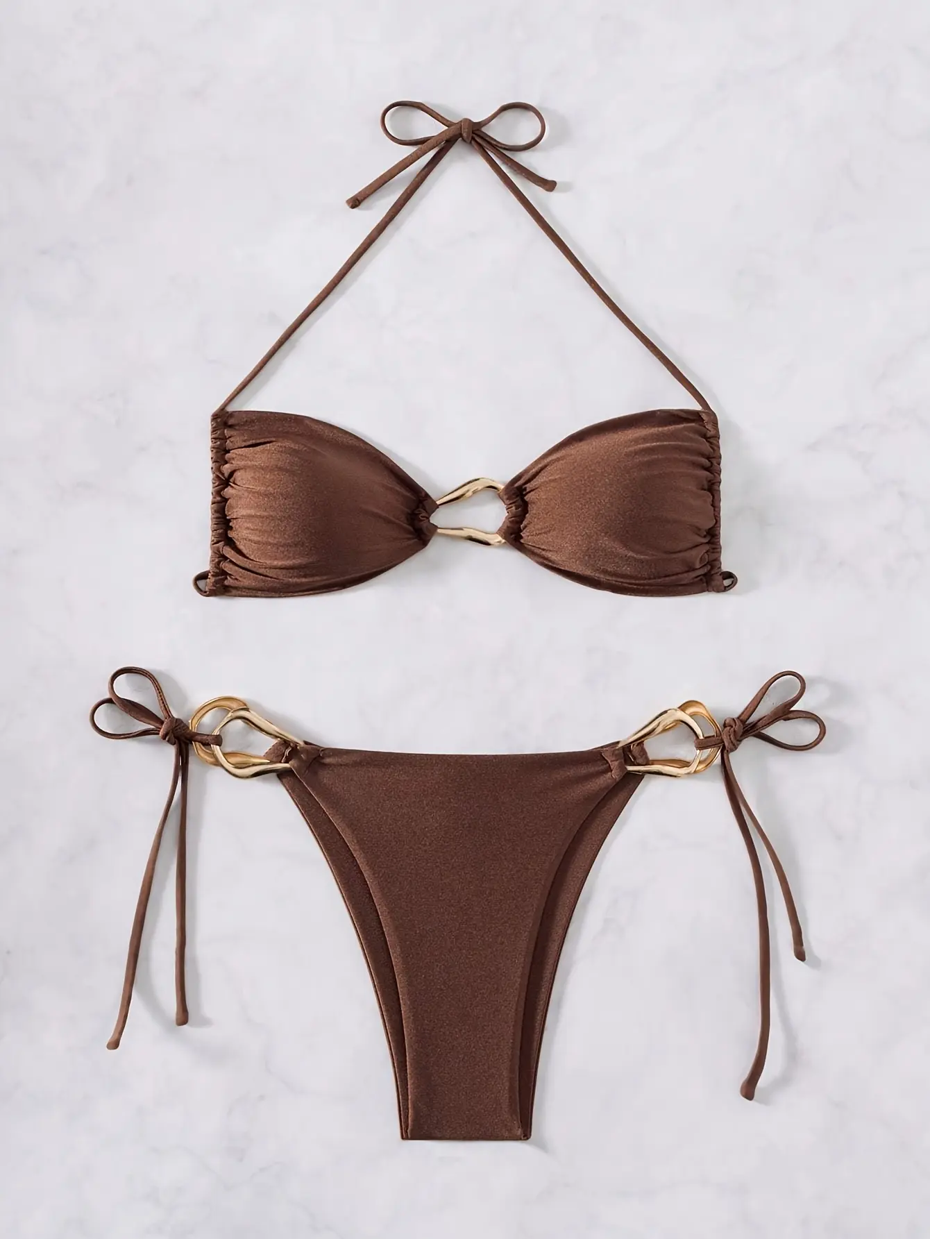 Women's Triangle Bikini Set with Gold Ring Hardware, 2-Piece Solid Halter Top and Adjustable Tie-Side Bottoms Beach Wear, Bikini Beach Wear, Two Piece Sets