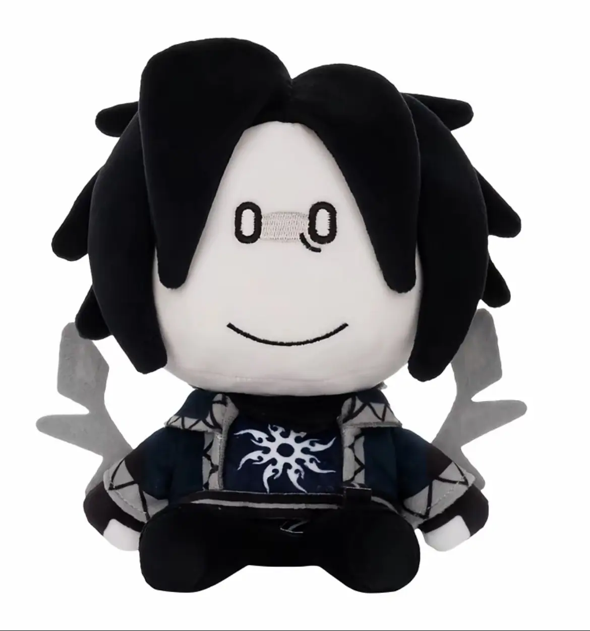 Cute Anime Chibi Plush Doll with Gray Wings, Soft Sitting Stuffed Toy with Black Hair & Sunburst Pattern, Kawaii Desk Decor for Gift Giving