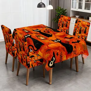 4/5/6/7pcs Pumpkins and Black Cats Chair Cover And Tablecloth Set, Easy Care & Clean, Fits Living Room, Home Decor, Restaurant Decor, Outdoor Dining, Picnics, Festival Decor, Nice Gift