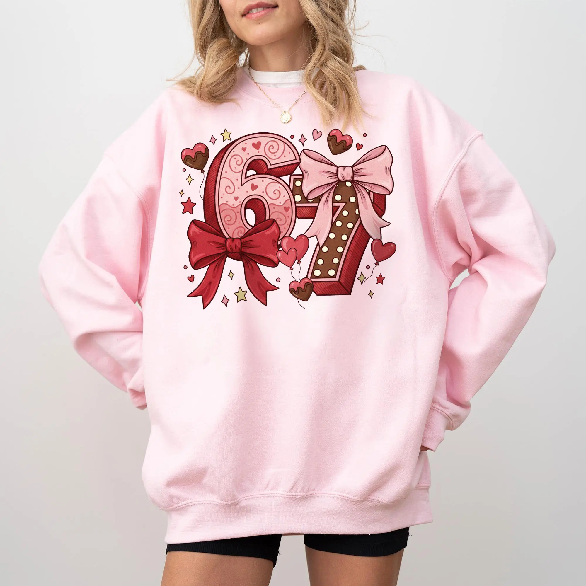 Six Seven Coquette Shirt, Pink Bow Ribbon Graphic Shirt, Cute Preppy Girly 67 Valentines Day Gift