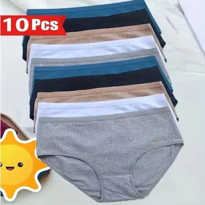 10-Pack Large-Size High-Waist Cotton Panties - Simple Solid Color, Breathable Knit Fabric, Tummy Control Underwear Fall Outfits, Back-to-School Outfits, Period Underwear, Women’s Knitwear, Gift