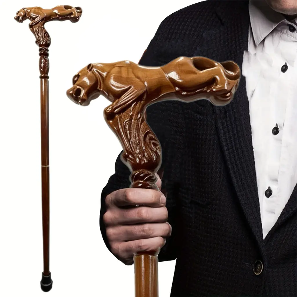 Leopard Head Charm Adjustable Collapsible Cane - Premium Unisex Style Fit Wooden Hiking Stick with Ergonomic Secure Grip, Elegant Decorative Scepter for Role-Play, Bold Gift Choice - #SummerWins#DealsForYouDays#father'sdaygift