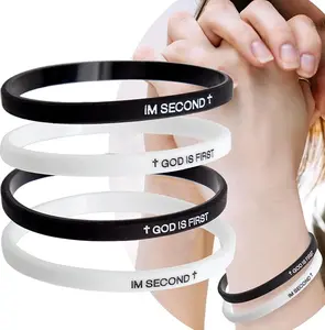 Faith Bracelets 4 Pack or 2 Pack GOD IS FIRST BRACELET I AM SECOND Motivational Message Thin Style Religious Christian Silicone Bands