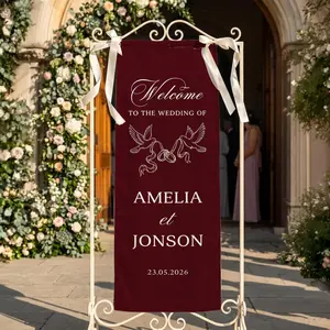 Personalized Wedding Welcome Banner: Custom Name Fabric Sign, Burgundy Velvet Look Wedding Decor