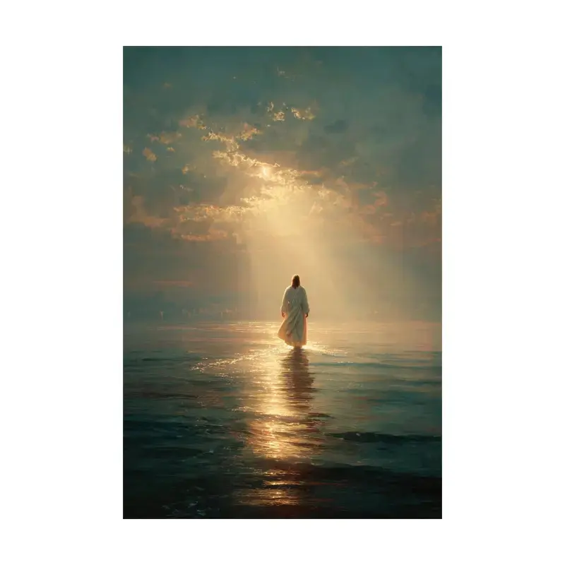 Artistic Jesus Walking On Water Religious Canvas Wall Art Print - Print Design, Warm Divine Light Christian Faith Decorative Fade-Resistant Ready-To-Hang Indoor Bedroom Spiritual Decoration, Faith Room Gift