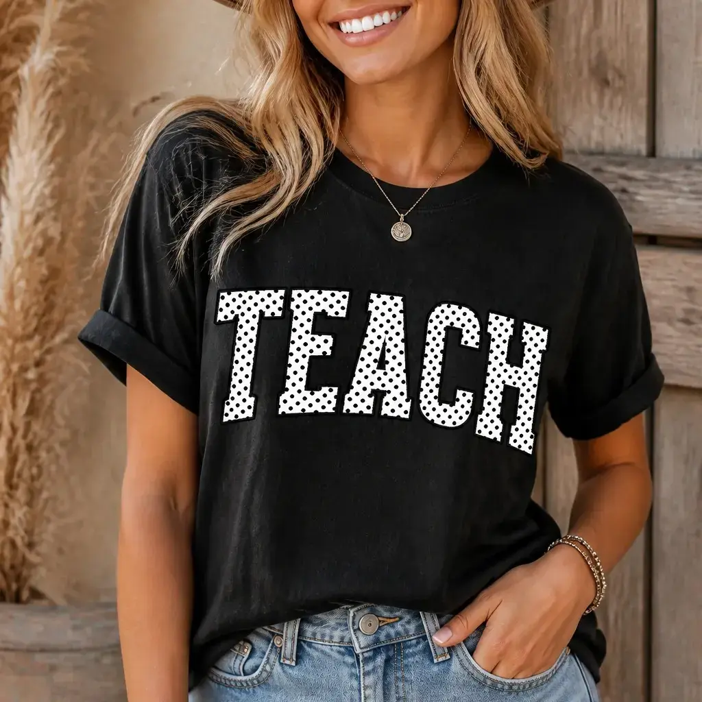 Teach Polka Dot Graphic Tee, Retro Teacher Shirt, Cute Back to School T-Shirt, Classroom Educator Gift, Trendy Women’s Teaching Top, First Day of School Outfit