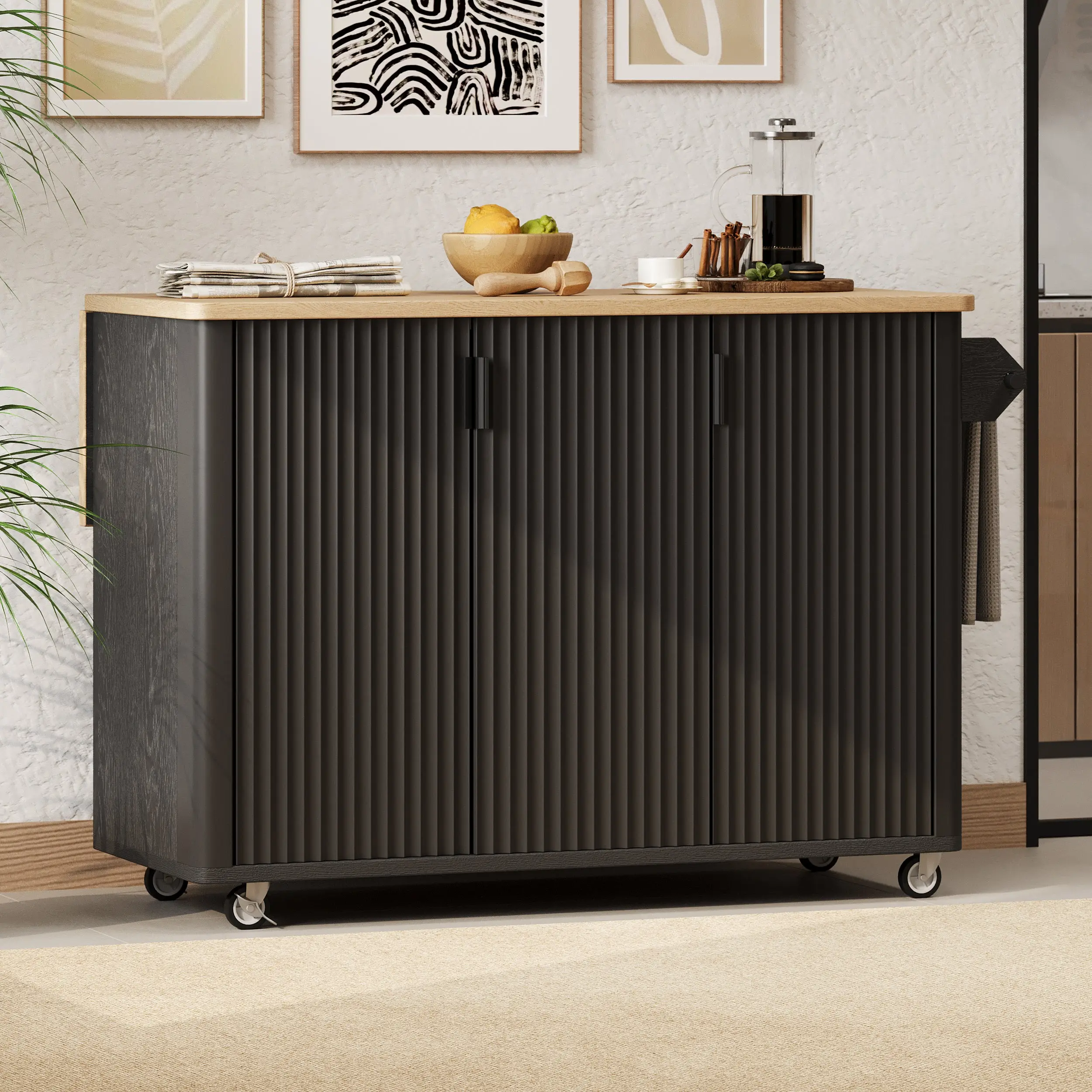 Fluted Black Kitchen Island with Drop Leaf & Towel Rack