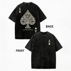 Retro Washed T-Shirt Double Sided Printed (230 Pure Cotton T-Shirt) 'LUCK AND STRENGTH' Letter And Ace Of Spades Pattern Print, Men's T-Shirt, Men's Casual, Comfortable,  Vintage Tee Loose Fit Short Sleeve Casual Streetwear Baggy Washed Unisex Tops