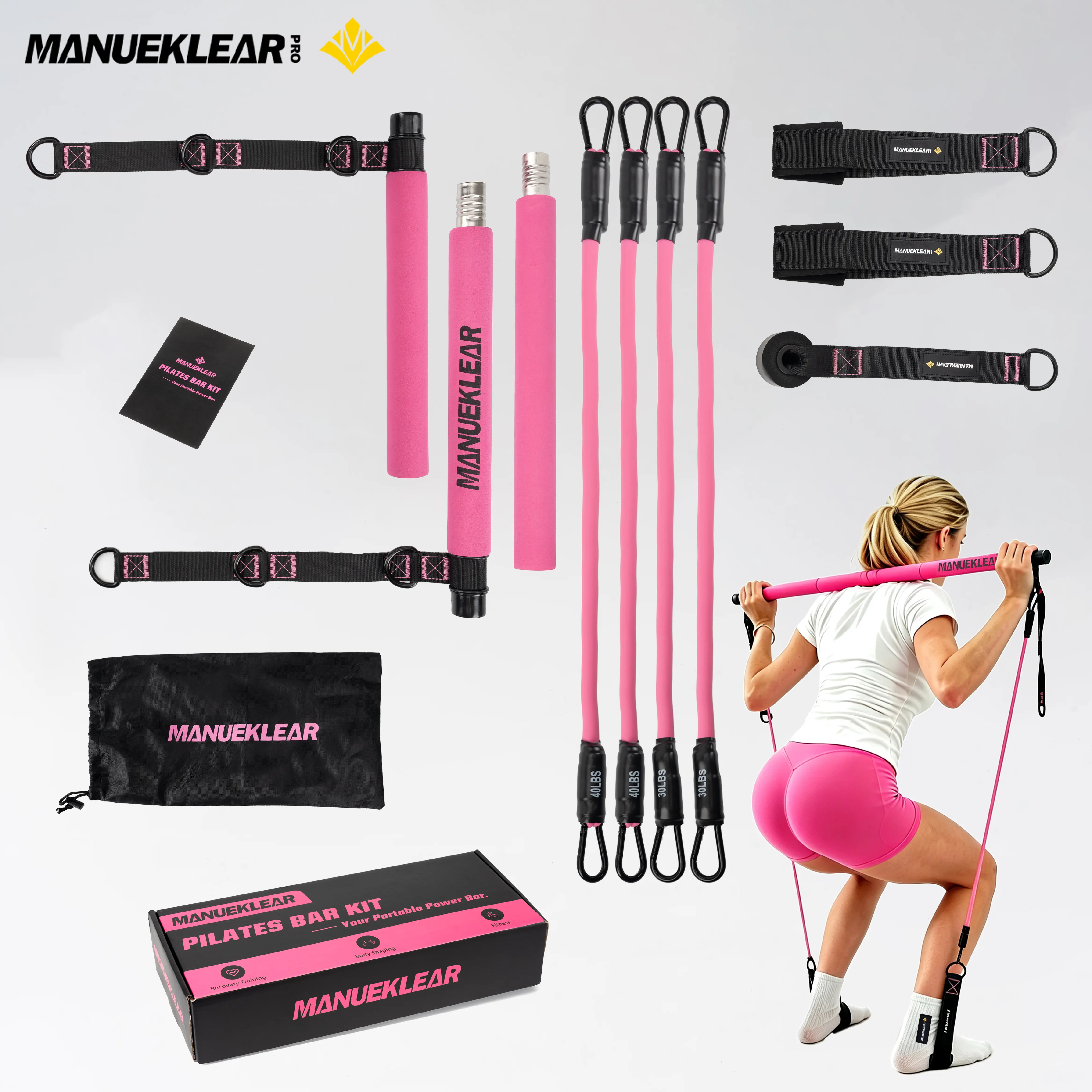 MANUEKLEAR Pilates Bar Kit with Resistance Bands, 3‑Section Multifunctional Exercise Bar, Portable Home Gym Fitness Bar for Full‑Body Workout, Leg Hip Arm Training for Women Men