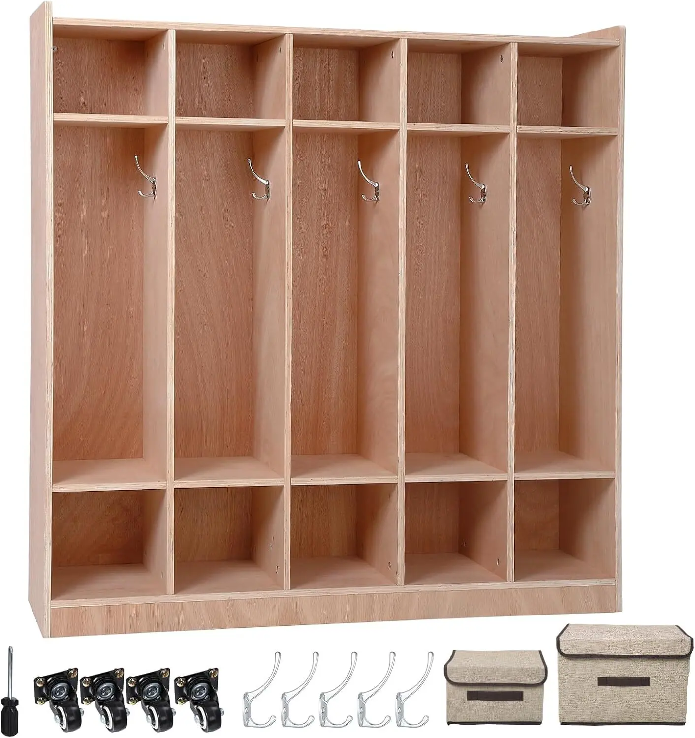 Wooden Sturdy 5-Section Classroom Coat Locker Organizer - 10 Cubbies, 4 Casters, 5 Hooks, 2 Storage Boxes - for School Nursery Wardrobe Ideas Modern Interior Organization, Furniture