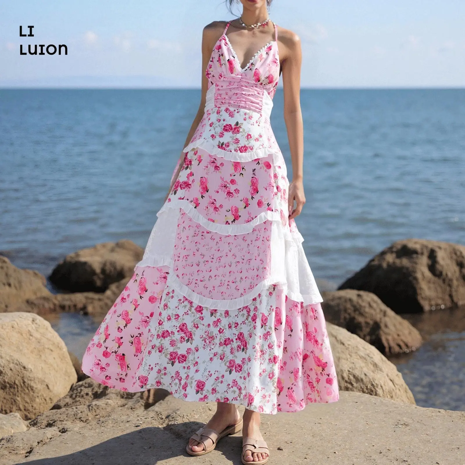 Women Floral Maxi Dress Spaghetti Straps V Neck Patchwork Flowy Boho Sundress Tiered Long Dresses