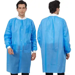 Disposable Lab Coat Blue SMS with Pockets for Adult Knitted Collar and Cuffs Breathable Fluid Resistant (M-2XL)