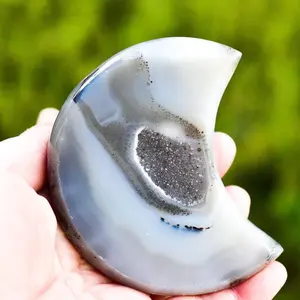 Agate Crescent Moons - Hand Cut Brazilian Grade A Agate with Druzy Centers - 5x5x1 Inches - Crystal for Relationship strengthening and unwinding