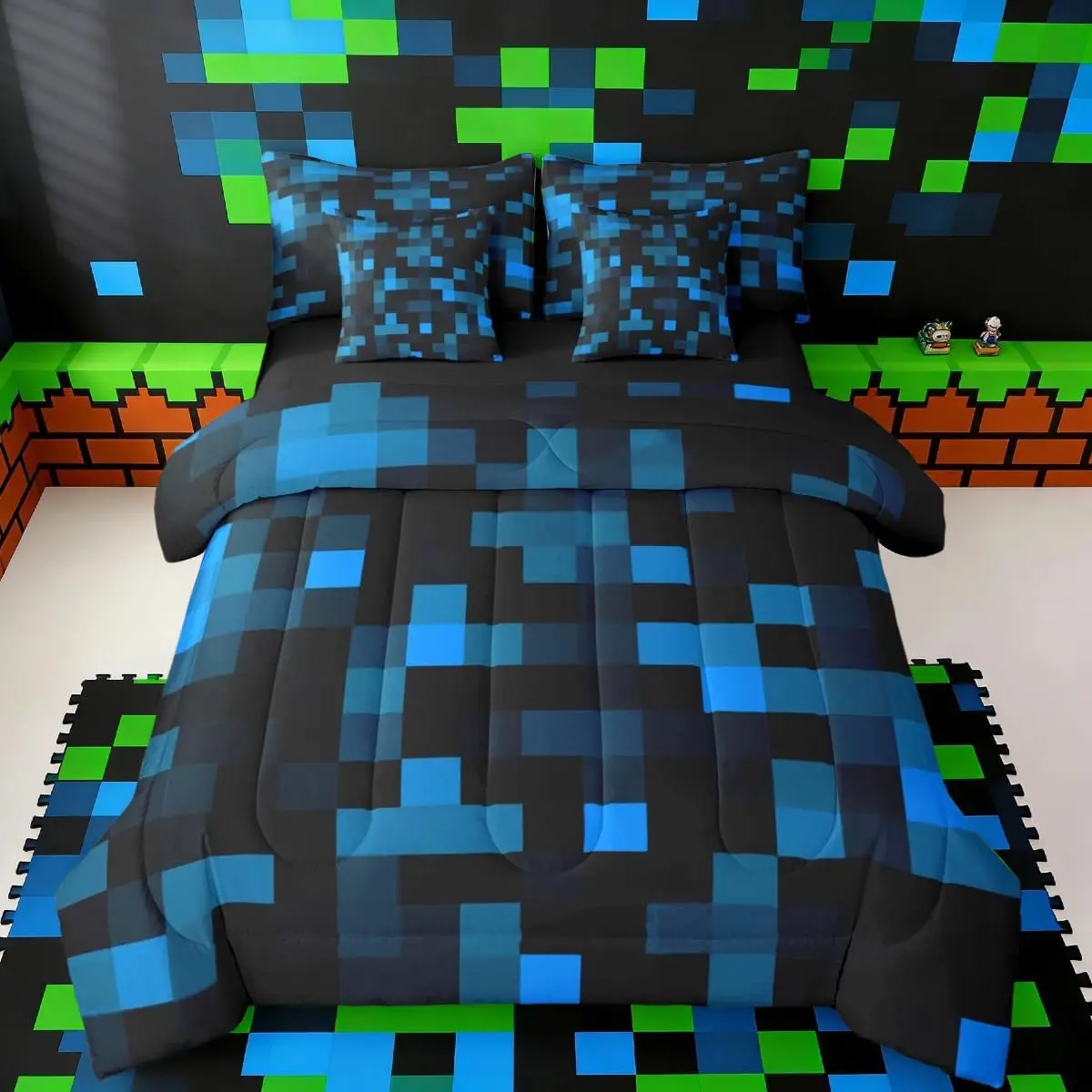 Pixelated Neon Blue Black Comforter Set with Sheets，Pillowcases & Cushion Cover 7 Piece Bedding Set Super Soft Bedroom Decor Gamepad Grid Bed in a Bag