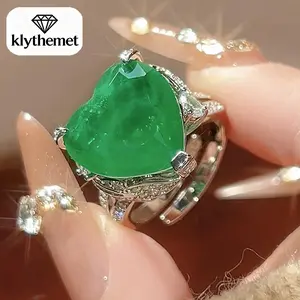 New Jewelry Set Heart-shaped Ring Necklace Emerald Green Vintage Niche High-end Adjustable for Women