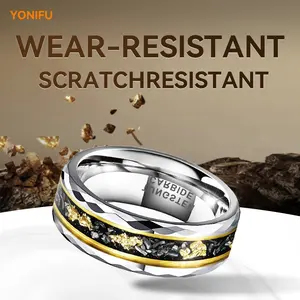 YONIFU 8mm Mens Tungsten Carbide Ring with Gold Meteorite Inlay Heavy Duty Wedding Band Durable Scratch Resistant Modern Design Comfort Fit Perfect Gift for Him