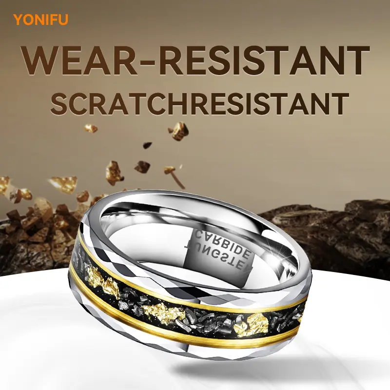 Yonifu Men's 8mm Tungsten Carbide Ring - Heavy Duty, Scratchproof Comfort Fit Band with Gold Meteorite Inlay for Everyday Wear, Wedding, Fashion, Inlaid, Modern