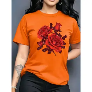 100% Cotton, Red Rose Sticker Fashion Art Print Design Pattern Printed T-Shirt, Short Sleeve Round Neck Casual Top for Summer and Spring, Lightweight Soft Comfortable Fabric, Birthday Gift, Friend Gift, Sister Gift