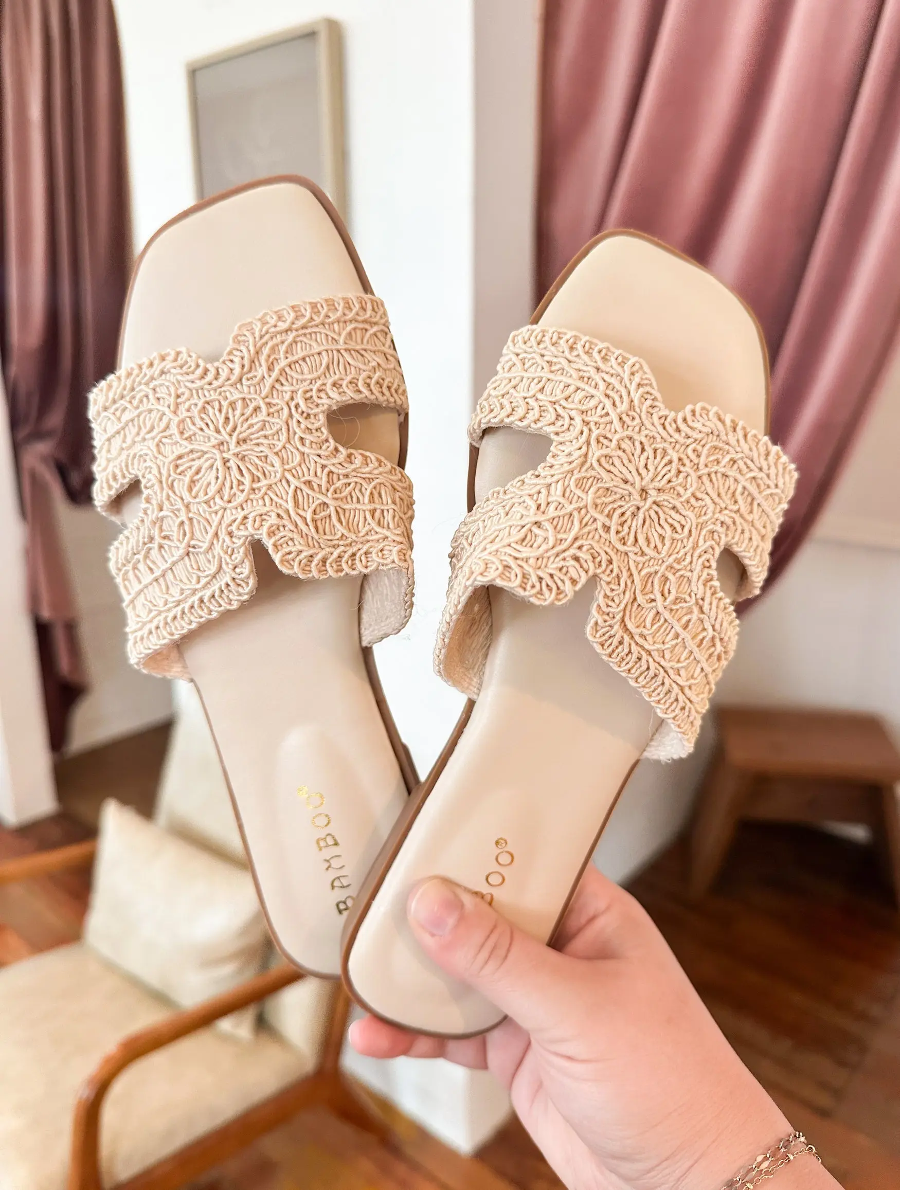 Cream Bamboo Woven Crochet Slide Sandals