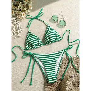 Women's Two-Piece Swimsuit Set, Vacation Beach Wear, Comfortable Slim-Fit Striped Triangle Bikini, Ideal for Pool Parties