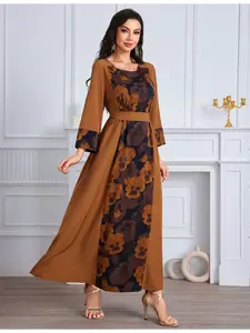 A women's coffee-colored floral tie-waist bowknot luxury dress, suitable for vacation, daily wear and commuting.