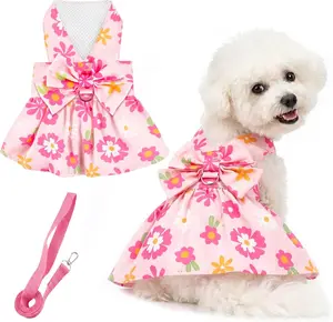Dog Dress Harness Dresses Leash Set for Small Dogs Cute Girl Dog Clothes with Bowknot Puppy Outfits for Shih Tzu Yorkies Chihuahua BAOBICUTE