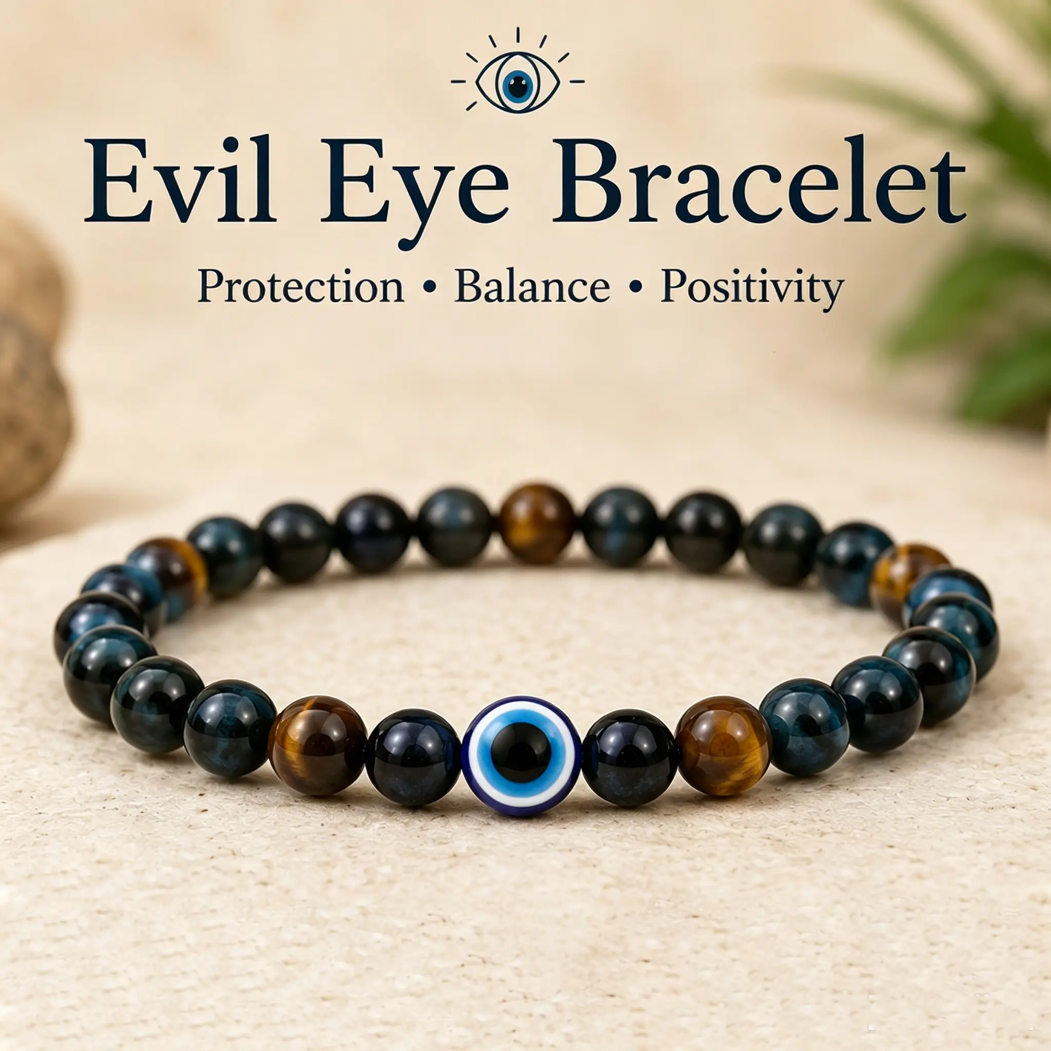 Evil Eye Blue & Golden Tiger Eye Beaded Bracelet, Natural Healing Crystal Protection Bracelet for Men & Women, Spiritual Energy & Good Luck Jewelry