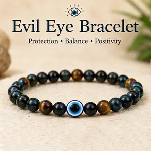 Evil Eye Blue & Golden Tiger Eye Beaded Bracelet, Natural Healing Crystal Protection Bracelet for Men & Women, Spiritual Energy & Good Luck Jewelry