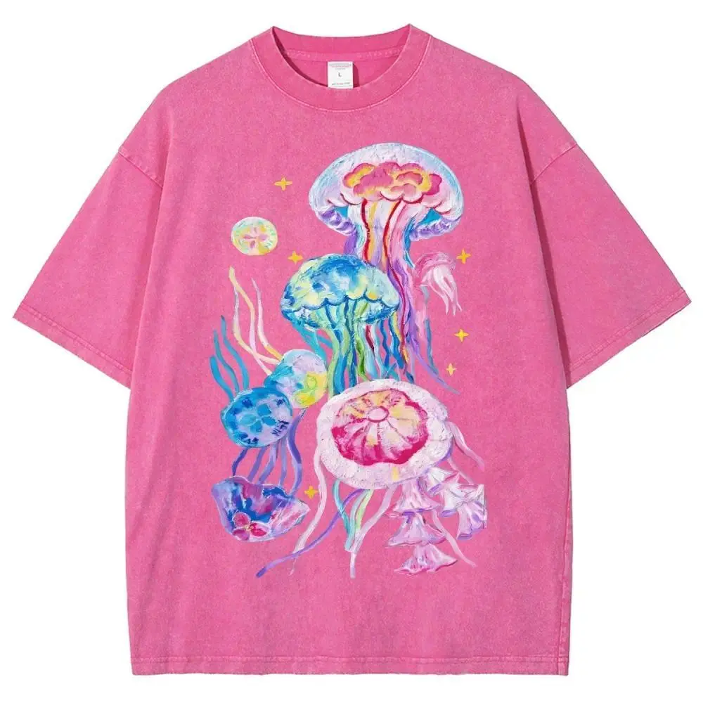 Women's Unisex Classic Short-Sleeve Round Neck Graphic Tee - Soft Cotton Fabric, Watercolor Rainbow Jellyfish Print, Casual Streetwear, 90s Vintage Oversized Fit, Ocean Sea Life Vacation Daily Wear Top