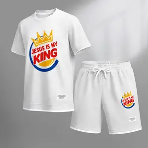 Men's Jesus Is My King Print Waffle Fabric Short-Sleeved Shirt And Shorts Set