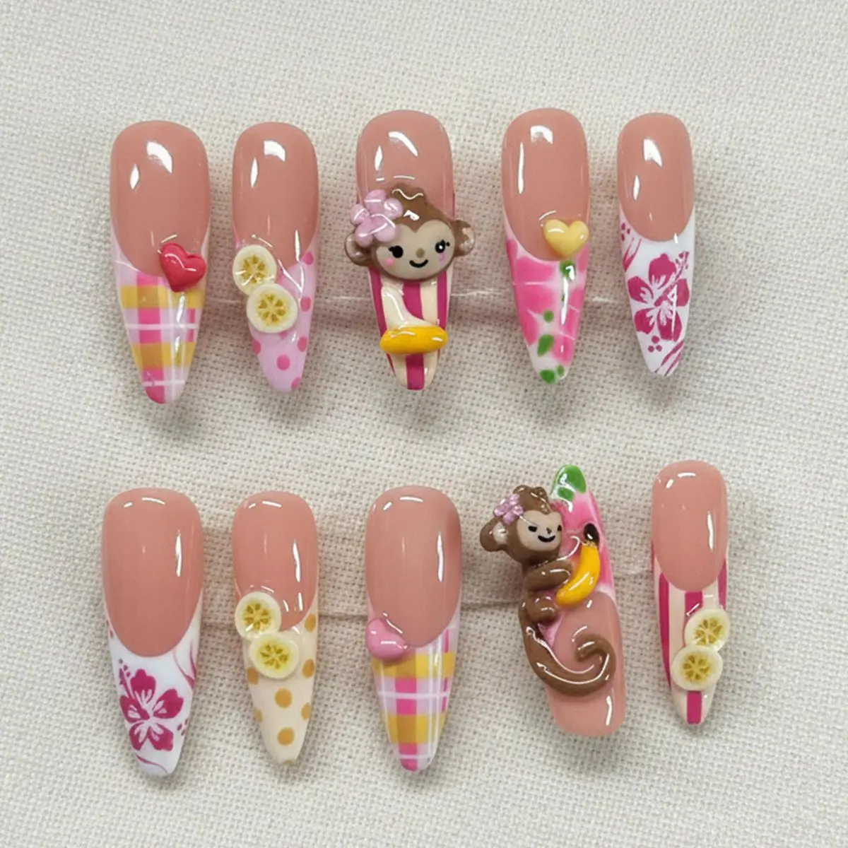 A5 Cute Monkey Fruit Press-On Nails, 3D Monkey and Banana Design, Sweet Summer Style, Vacation Nails, Gift for Her